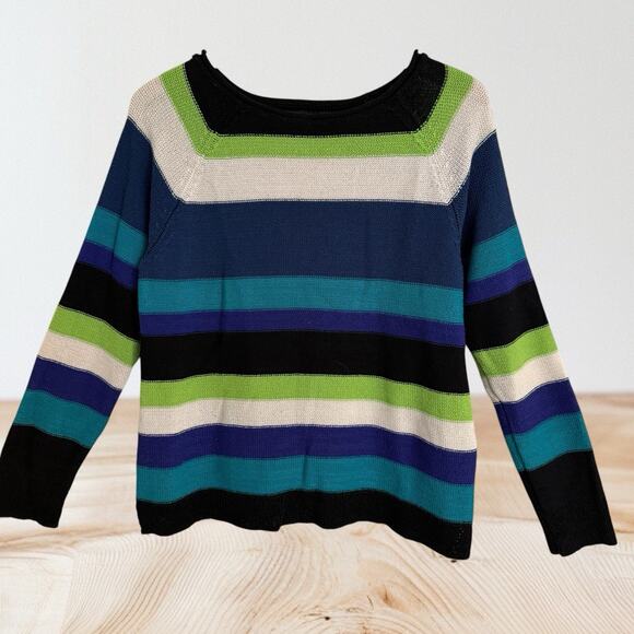 Chaps Ralph Lauren Preppy Striped Sweater Sz L Womens Cotton Blend Blues Raglan - Picture 4 of 7